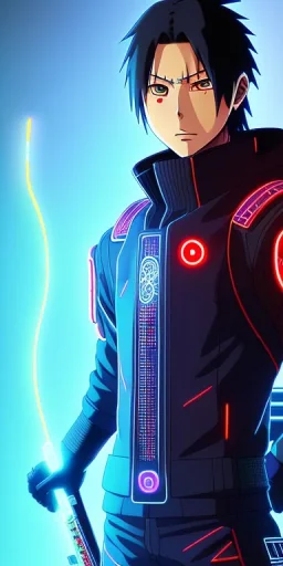 Itachi Uchiha (Naruto), with cyber glowing swords, cyberpunk, full body, realistic, intricately detailed, neon lighting, vivid colors, neon, 64k