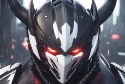 Spawn machine in 8k solo leveling shadow artstyle, white fox them, close picture, rain, Shredder helmet, neon lights, intricate details, highly detailed, high details, detailed portrait, masterpiece,ultra detailed, ultra quality