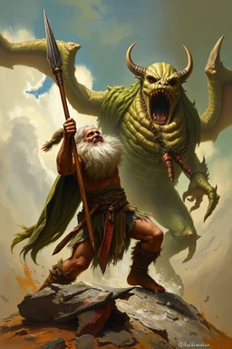 A worrier holding a spear attacking a creature from another world, Busch painting style