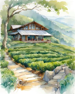 in a big tea plantation , a modern cottage in the tea plantation hill side, pen line sketch and watercolor painting ,Inspired by the works of Daniel F. Gerhartz, with a fine art aesthetic and a highly detailed, realistic style