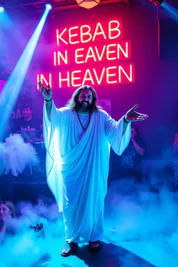 An "Kebab man" performing at dance club, his name is "Kebab man" and looks crazy, Jesus on stage, White and light blue Neon lights and smog, "KEBAB IN HEAVEN" SIGN ON WALL