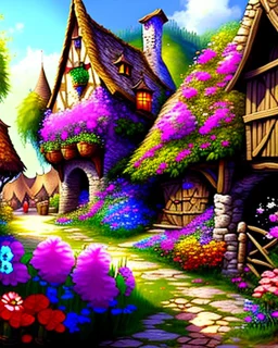 medieval fantasy village with flowers rpg art painterly