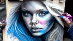 street artist draws a portrait of a blonde woman, charcoal, pencil, pink lips, blue eyes, fine drawing, hand with a brush