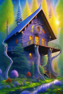 sharp focus, mystical forest, wooden cabin, Neo-Impressionism, mystical, purple blue yellow silver teal black olive azure, red, pink, brown,