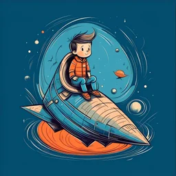 child on a rocket ship. Imaginative lines.