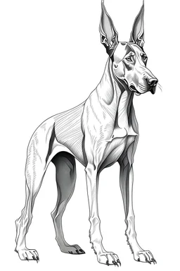 coloring full body image of Doberman Pinscher dog white background, fine thin line, thin pencil lining