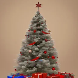 cute 3d christmas tree with white, red and blue 3d cute colibri bird flying