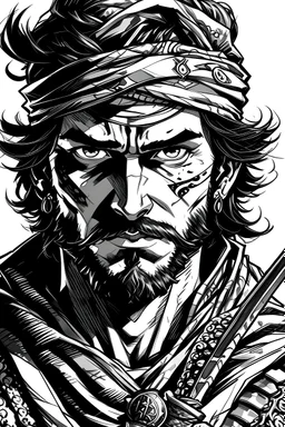 A man with rock eyes and two swords coloured black and white