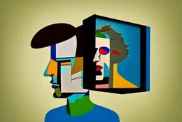 man with head inside a tv box in the style of Eileen Agar