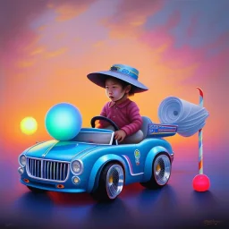 A one-year-old boy rides in the plastic funny toy-car on the middle of a busy street in new york. He has and a large-brimmed straw hat. somehow photographic bright colors and sunset, fantasy art, Anna Dittmann, digital painting, dan mumford, oil on canvas, jeff koons, akihito yoshida, wlop, kodachrome,