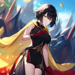 Clear focus,High resolution, Black short fluffy hair, and yellow eyes, wearing a black short skirt, sleeveless crop top, wearing long dark red gloves, yellow cloak