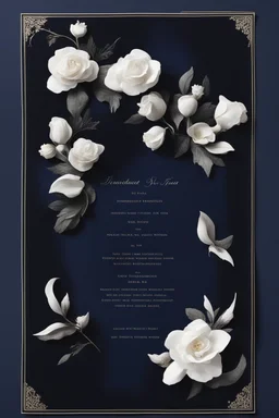 An extremely formal, funeral program for a black man on darkest blue deeply pigmented velvet paper with brilliant, brightest heavy white fonts, simple, minimalistic, less element, very dramatic lighting, detailed, white flowers,