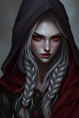 Female woman dark elf sorcerer sorceress sorceress white hair, gray skin, red eyes, drow, dungeons and dragons, shadow hooded mean evil mad braid