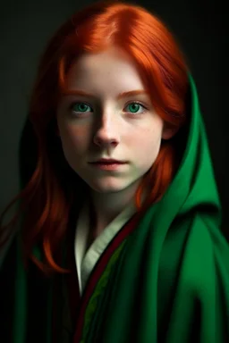 A girl with red hair and green eyes and she is wearing a hogwarts robe