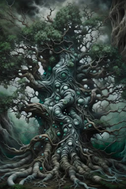a painting of a tree in the style of beautiful grotesque, hyper-realistic, hyper-detailed, portraits, pale malachite and dark gray, ratcore, onii kei, emotional sensitivity, visceral art