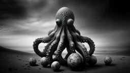 This is a black and white photograph featuring a surreal, abstract scene. The central subject is an octopus-like creature with an egg-shaped body, resembling a smooth, rounded shell. It has eight long, spindly legs, each ending in a cluster of smaller, bulbous appendages. The texture of the creature's body and legs is rough and uneven, giving it a somewhat organic yet alien appearance. The background is a barren, rocky landscape with faint, misty hills or mountains in the distance, creating a se