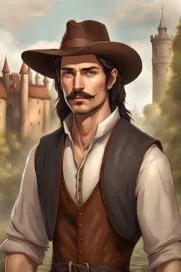 A tall dark haired man in his late 20s with brown hair and a thin mustache, hazel eyes, tanned skin, wearing a vest, cape and trousers, wearing a wide-brimmed hat. medieval fantasy, 16k HDR, ultra realistic,