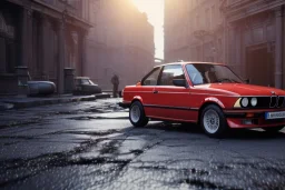 a 1990 bmw 2-door 4k ,ultra realistic,concept, 4k ,on street, parked in crowded city winter