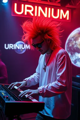 French cool synth player with crazy techno acid hair, he is called "Jean-Maurice Brûlée" performing at dance club, his name is "Jean-Maurice Brûlée" , white and orange Neon lights and oraNGE smog, and "URINIUM" big sign on the wall, he is playing on synthesizers on stage with lot of laser beams and wearing black sunglasses, an earth is projected in background