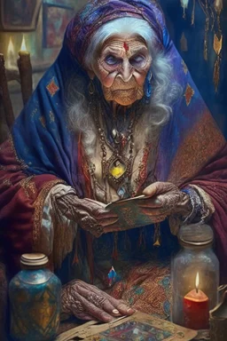 A wicked 76 year old gypsy woman doing a tarot reading