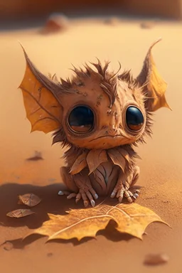 cute faced tiny desert demon sitting on a dried leaf, intricately detailed, photorealistic, oil on canvas, trending on art station, high definition, hdr, cute, beautiful in sunshine