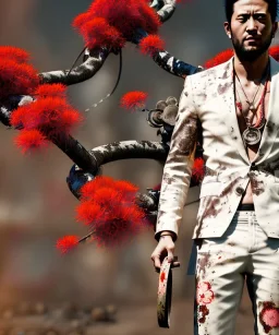 an abstract painting of rusted metal and flowers, Samurai, Geisha style, 8K, a Highly detailed stunning portrait of Dom man holding a woman by the chain, realistic face, white suit, beard, and short hair, bad boy