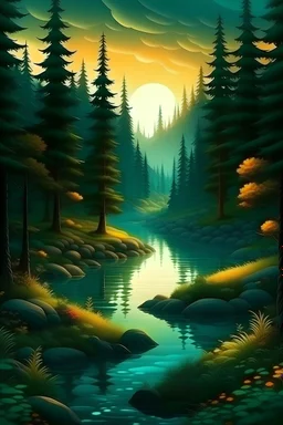 a realistic magic forest with a lake among trees and mountains,