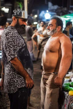 full body shot photography, iranian man at night, 55 years old with hands on the flap, manly chest, muscular chubby , curly beard, dirty, serious, stand up on a crowded street, sells watermelons at his stall, sweat, shirtless, open legs, bulging pants, long hair, ugly, big thighs, bullneck, big shoulders, photo realistic, photographic, super detailed, hyper realistic, UHD, midnight , misery and poverty, side light, frontal view from the ground, ambient occlusion