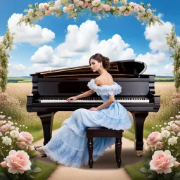 fullbody girl makeup wearing a victorian dress playing a grand piano in country side ,flowers ,pretty clouds in blue sky