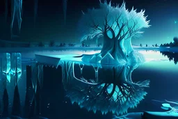 Ice blocks, one tree, night, lagoon reflection, sci-fi, epic,