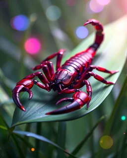 Realistic and mystical Scorpio on a leaf. Red with black and purple stripes Green grass glass background. Stunning view, Mythical creature, Energy, Molecular, Textures, Rainbow and luminescent scales, Breathtaking beauty, Pure perfection, Divine presence, Unforgettable, Impressive, beauty, Volumetric light, Auras, Rays, Vivid colors reflected. Hyperrealistic 4K 3D render showing elegant details, fantastic atmosphere, fantastic close-up view, volumetric lighting.