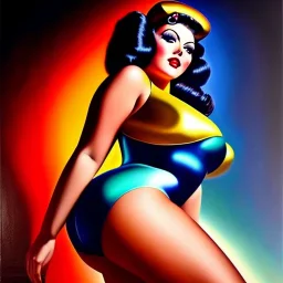 Ultra detailed fullbody Portrait in oil on canvas of Retro Futuristic Pin-Up,busty, wearing minimal skintight suit,intense stare,extremely detailed digital painting, extremely detailed face,crystal clear Big eyes, mystical colors ,perfectly centered image, ,perfect composition, rim light, beautiful lighting,masterpiece,16k, stunning scene, raytracing,anatomically correct, in the style of robert e howard and Ken Kelley and Ohrai Noriyoshi and Simon Bisley