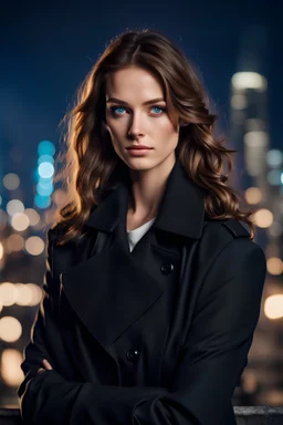 Woman with Brown Hair, Blue Eyes, Black Trench Coat, Black suit underneath, crossed arms, beautiful face, night, city Background, high detail, 4k