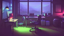 Dimly lit night time gaming room, with a messy bed and a single desk with a gaming PC, two monitors on the desk, gaming chair, bed is in the background under a window, the room is filled with neonlights, night time, atmospheric, detailed.