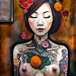 an abstract painting of rusted metal and flowers, beautiful smiling fullbody Yakuza Woman portrait, with fullbody japanese realistic tattoes, realistic,rust, scaffolding, iron cladding, decay, mixed media, textured, anatomically correct, beautiful perfect face, sharp focus, highly detailed by Gustav Klimt 8k