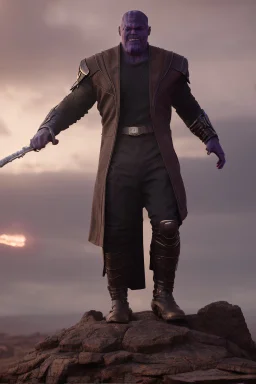 Thanos is the god of power and evil The commander wears a black cloak and a long coat with long combat boots and a long spear with a hat under his cloak with blue flame eyes, a sword like a spear The sun in the palm of a brave man in the middle of the desert