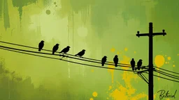 Digital painting featuring a group of birds perched on power lines against a textured, abstract background. The style is a blend of realism and abstract art, with the birds rendered in dark silhouettes, creating a stark contrast against the vibrant, multicolored backdrop. The background is a mix of earthy tones, including greens, browns, and yellows, with a rain-soaked effect that adds depth and texture. The power lines and utility pole are depicted in a slightly distorted manner, contributing t