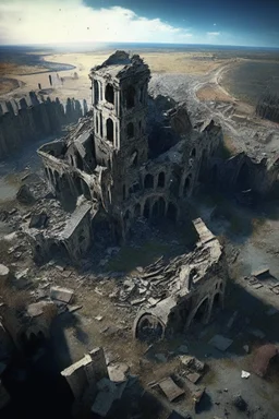 Destroyed City, medieval ruins, debris, stone, breched, brocken, Perspektiv from the sky,