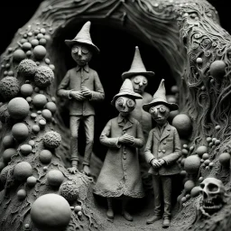 Tim Burton and Max Ernst odd creepy landscape made of modeling clay, gothic