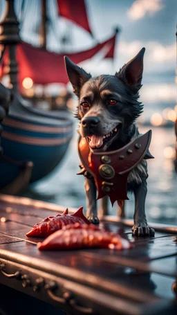 portrait of a vampire werewolf dog sucking the blood of fish on a viking ship, on a glass pier ,bokeh like f/0.8, tilt-shift lens 8k, high detail, smooth render, down-light, unreal engine, prize winning