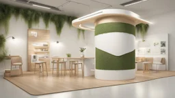 Corner exhibition stand in light colors with wood elements and greenery with two meeting areas