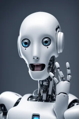 the AI robot showing surprise on his face expression and cover his mouth with his hand