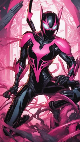 A close picture to Mix between gwenpool and symbiote, symbiote venom with transformers, pink and black custom, intricate details, highly detailedin in solo leveling shadow art style