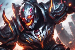 Huge Sion 8k sci-art drawing style, white ghoul, Jaw iron, big muscles, huge hatchet, league of legends them, neon effect, apocalypse, intricate details, highly detailed, high details, detailed portrait, masterpiece,ultra detailed, ultra quality