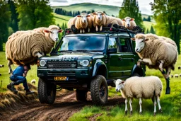 lots of sheep jumping on each other with mechanic, portrait of a broken mechanic, mixed body hybrid part big (sheep), fixing (far away old land rover 4x4 discovery 2) in the countryside