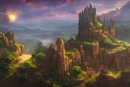 sandstone castle, lush and beautiful concept art for the shire, floating rocks in the air, stone city, arabian nights, sand, golden sun, planets, lord of the rings, peter jackson, studio ghibli, detailed, realistic lighting, volumetric lighting, golden hour