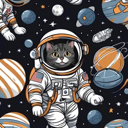Astronaut cat seamless pattern, vector, cartoon like. Cat in astronaut suit playing with ball --tile