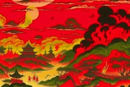 A red dream realm with scorching fire painted by Utagawa Hiroshige