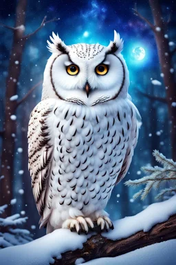 Beautiful snow owl in a magical forest with magical cosmic sky.