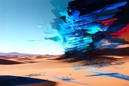 a probable cyberpunk aspect generating in an arafed desert, acrylic and ink, great reflections, burst dynamics, double exposure, liminal space, harsh contrasts, sharp shadows, jux:tox, ink leaks and splinters, e.x.p.l.o.d.e and blast vibe